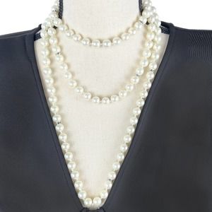 Faux Pearl Rhinestone Necklace 60"
